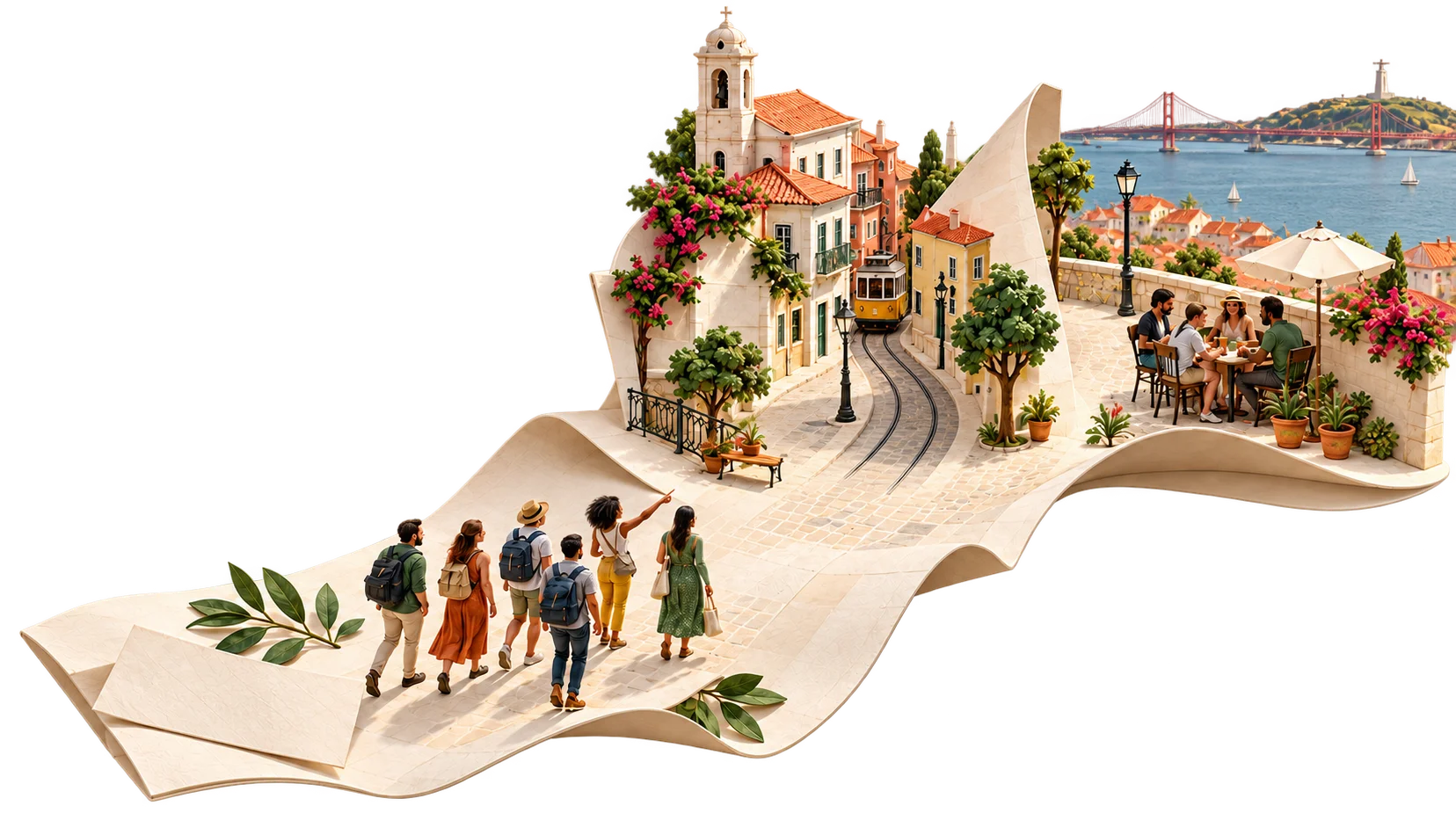 A paper Lisbon unfolds into a town, with six travellers walking towards it and friends gathered at a café.