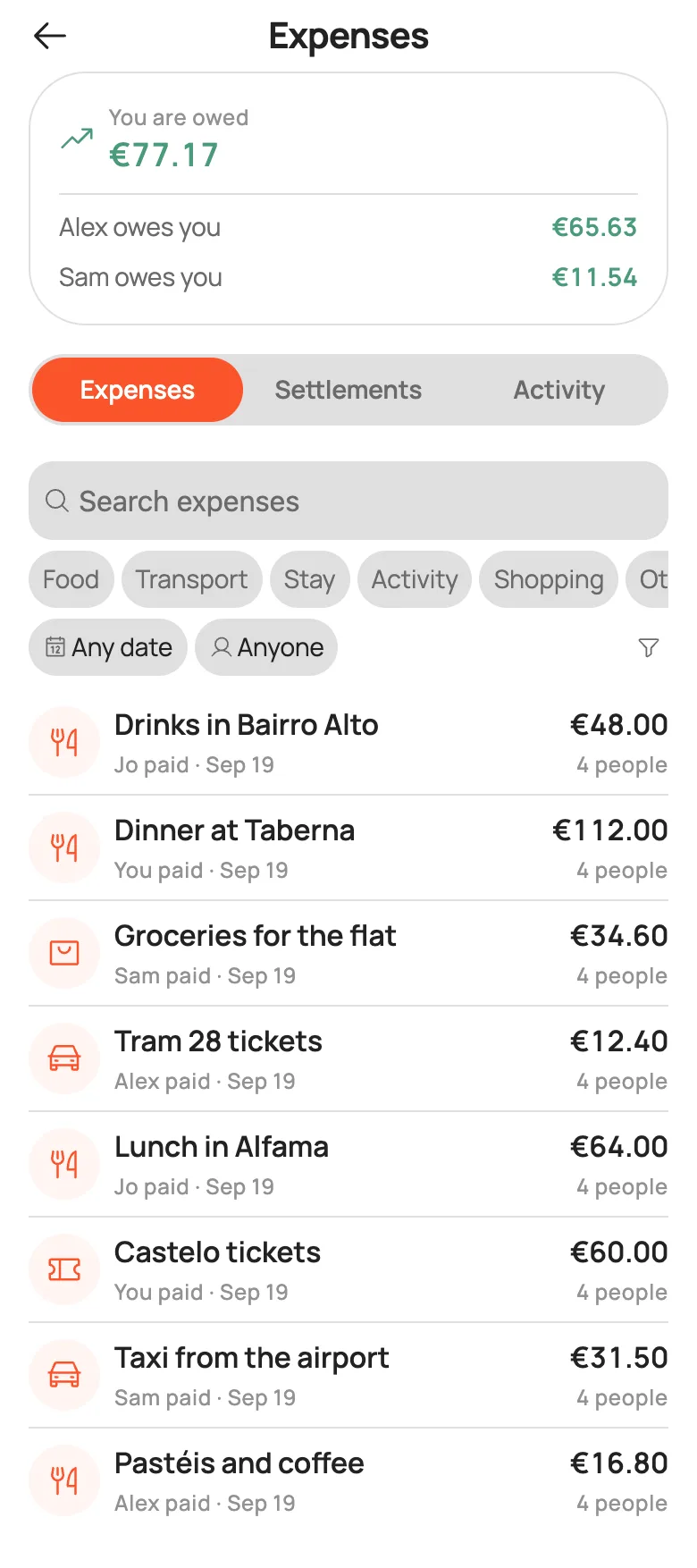 NomadCrew expenses screen listing eight expenses dated 19 September, from pastéis and coffee to drinks in Bairro Alto, each split between 4 people.